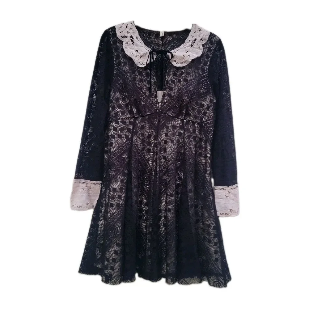 Free People Talk That Talk Peter Pan Collar Lace Whimsy goth dress sz 6